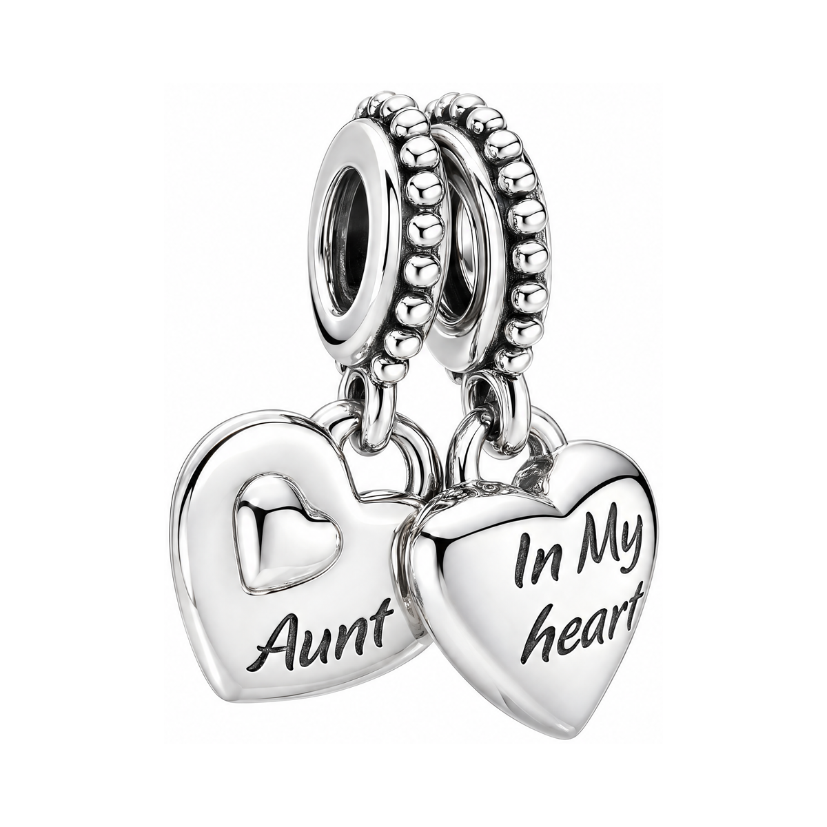 Sterling silver Aunt & Niece In My Heart Dangle Charm featuring double heart charms engraved with Aunt and In My heart.