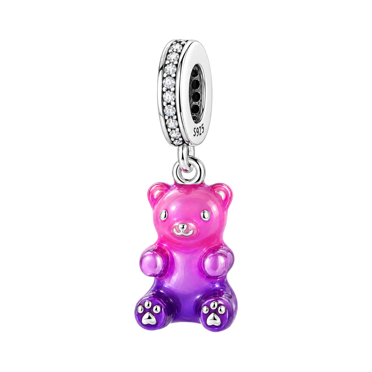 Pink Purple Gummy Bear Dangle Charm featuring a vibrant pink to purple gradient bear with a sparkling silver crystal-set bail.
