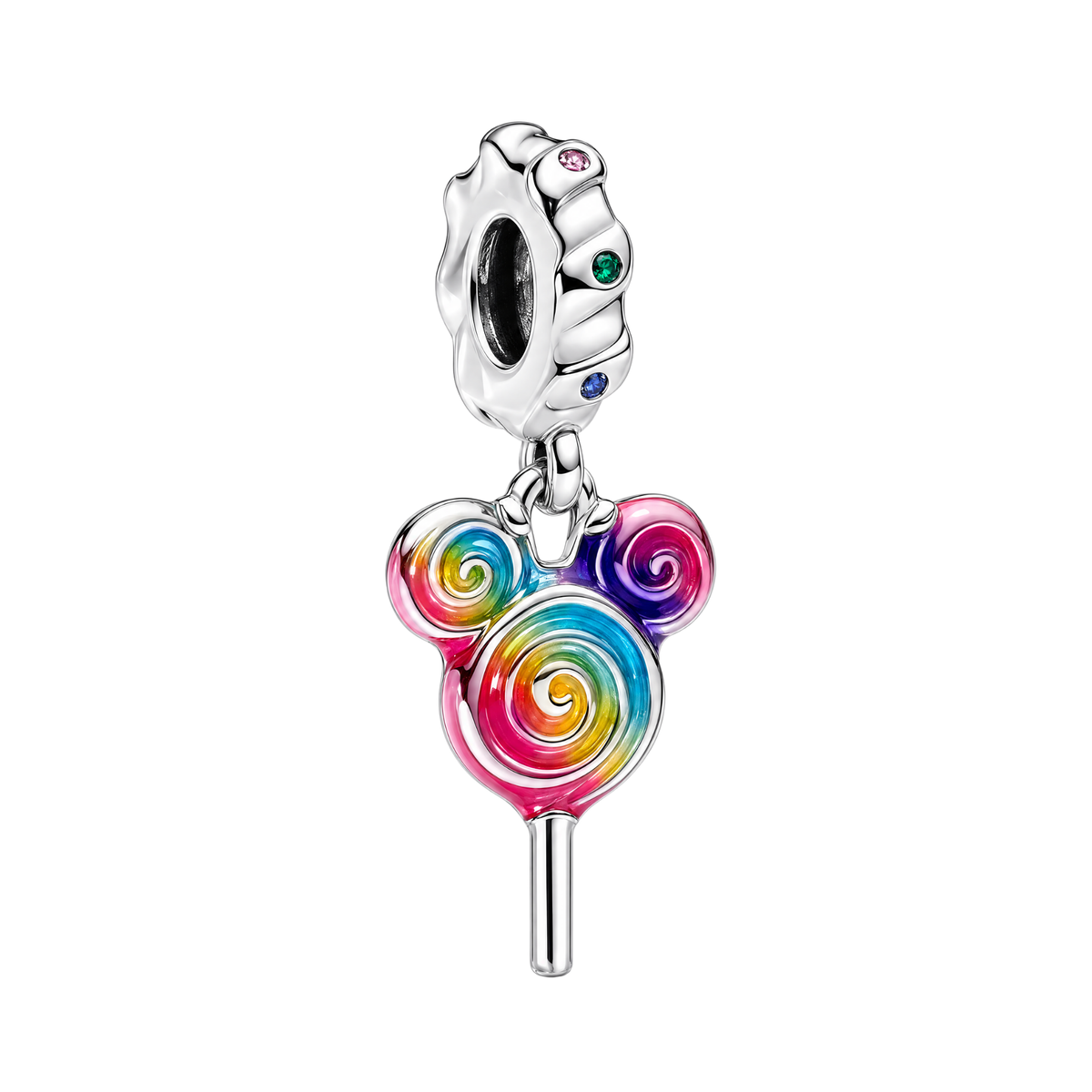 A colorful silver Disney Mickey Mouse Rainbow Lollipop Dangle Charm with vibrant enamel swirls.