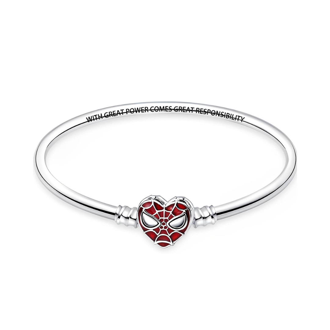 Marvel Spider-Man Heart Bangle with red enamel heart clasp and engraved phrase, perfect for Spider-Man fans.