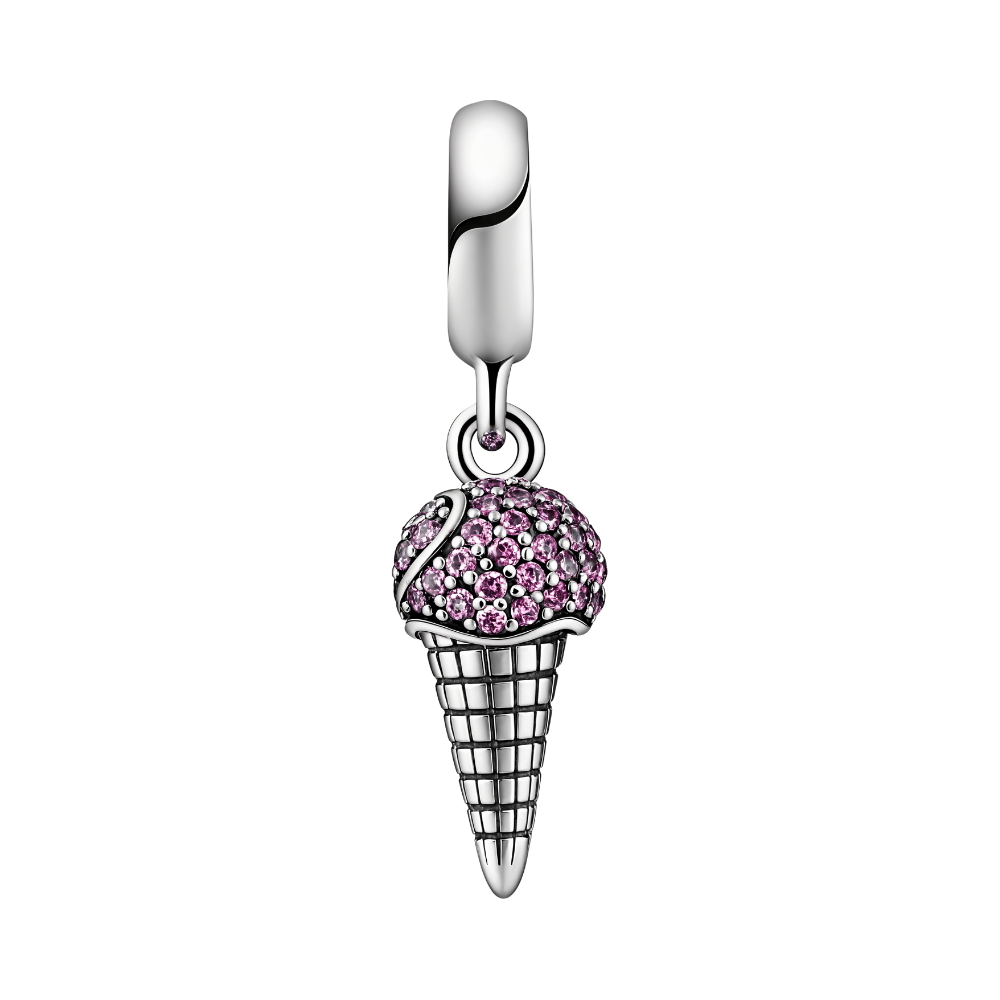 Radiant Pink Ice Cream Cone Dangle Charm featuring a pink sparkling stone scoop on an oxidised silver waffle cone.