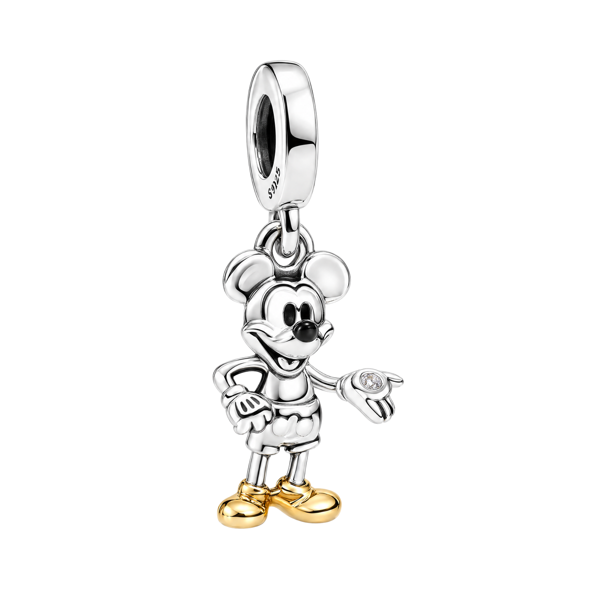 Sterling silver Disney Mickey Mouse Sparkling Dangle Charm featuring gold-toned shoes and a sparkling cubic zirconia stone.