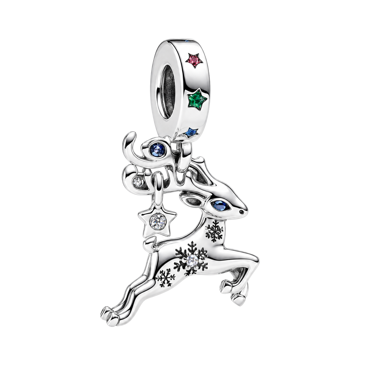 Dasher the Reindeer Christmas Dangle Charm featuring a silver leaping reindeer with blue crystal eyes and snowflake engravings.