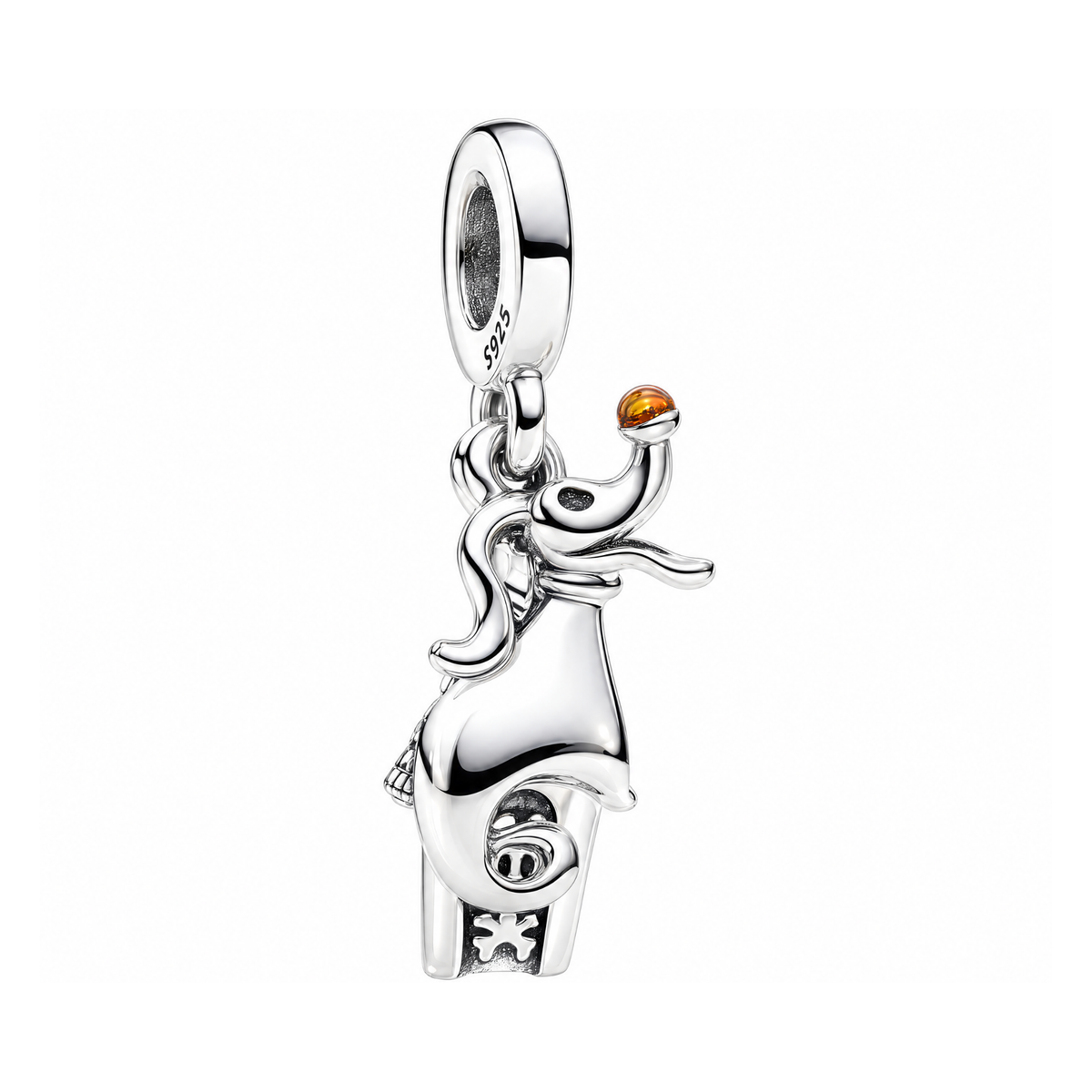 Sterling silver Disney The Nightmare Before Christmas Zero Dog Dangle Charm with his signature orange pumpkin nose.