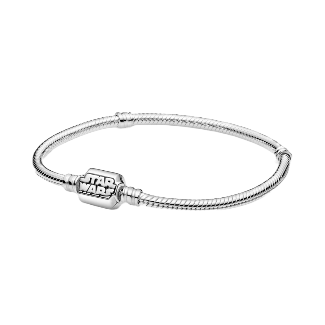 Star Wars Snake Chain Bracelet featuring a polished snake chain and an engraved Star Wars logo clasp.