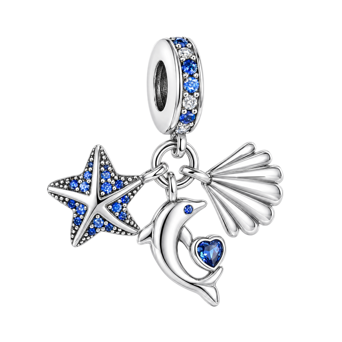 Sparkling Ocean Starfish Dolphin Triple Dangle Charm featuring blue pavé starfish, silver seashell, and dolphin with heart.