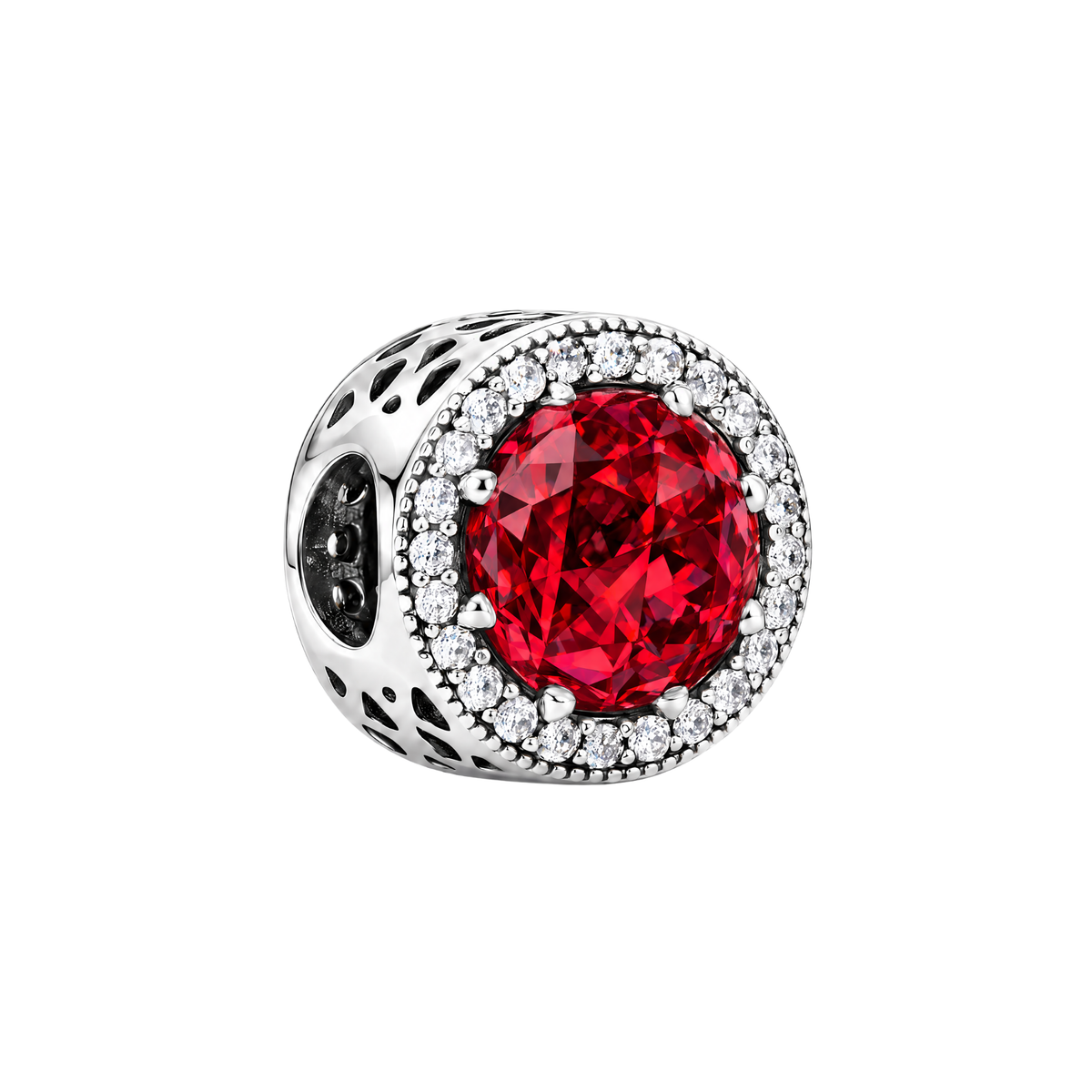 Sparkling Red Radiant Halo Charm featuring a bold red crystal center and clear stones with filigree cutwork.