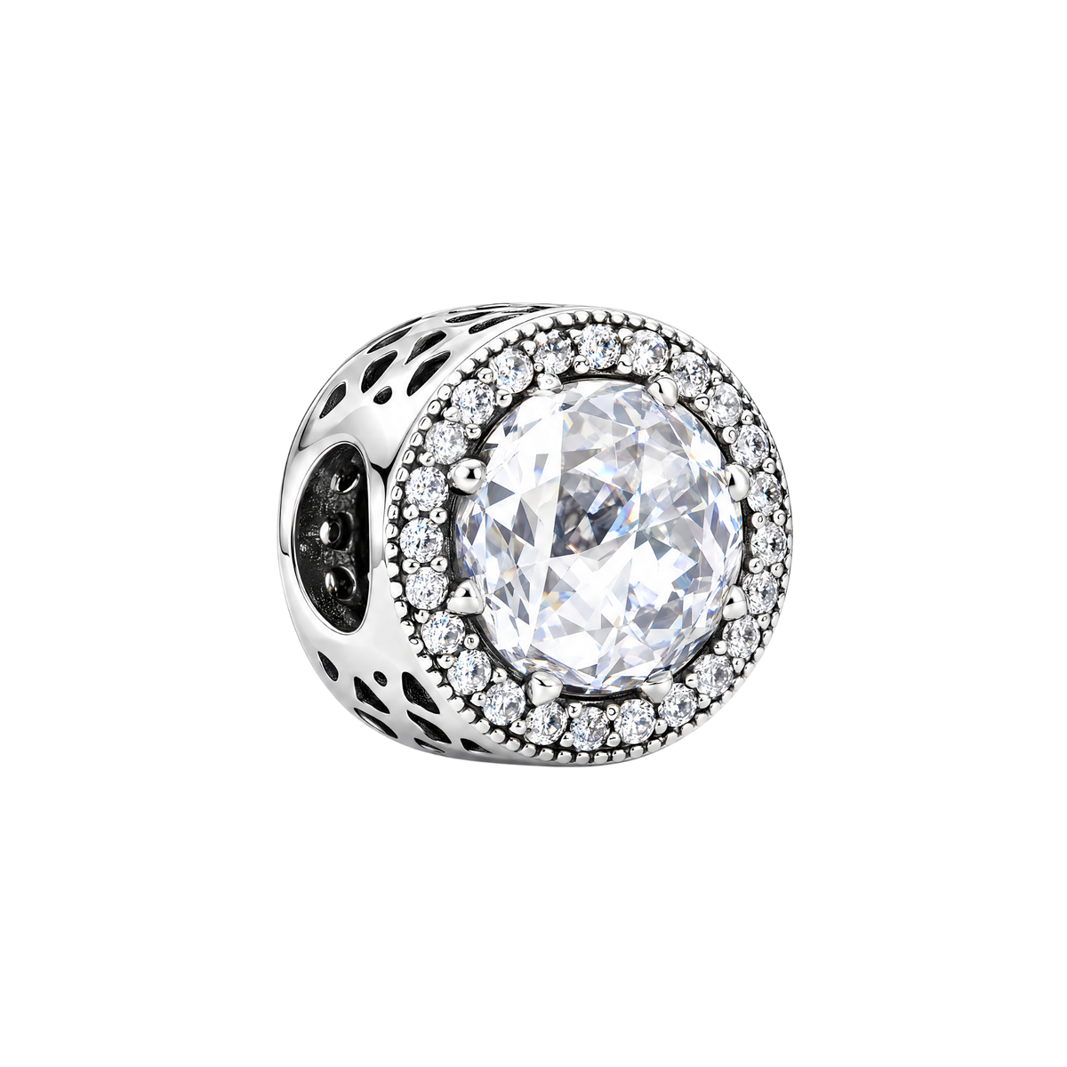 The Sparkling Crystal Radiant Halo Charm featuring a large faceted clear crystal surrounded by a pavé stone halo.