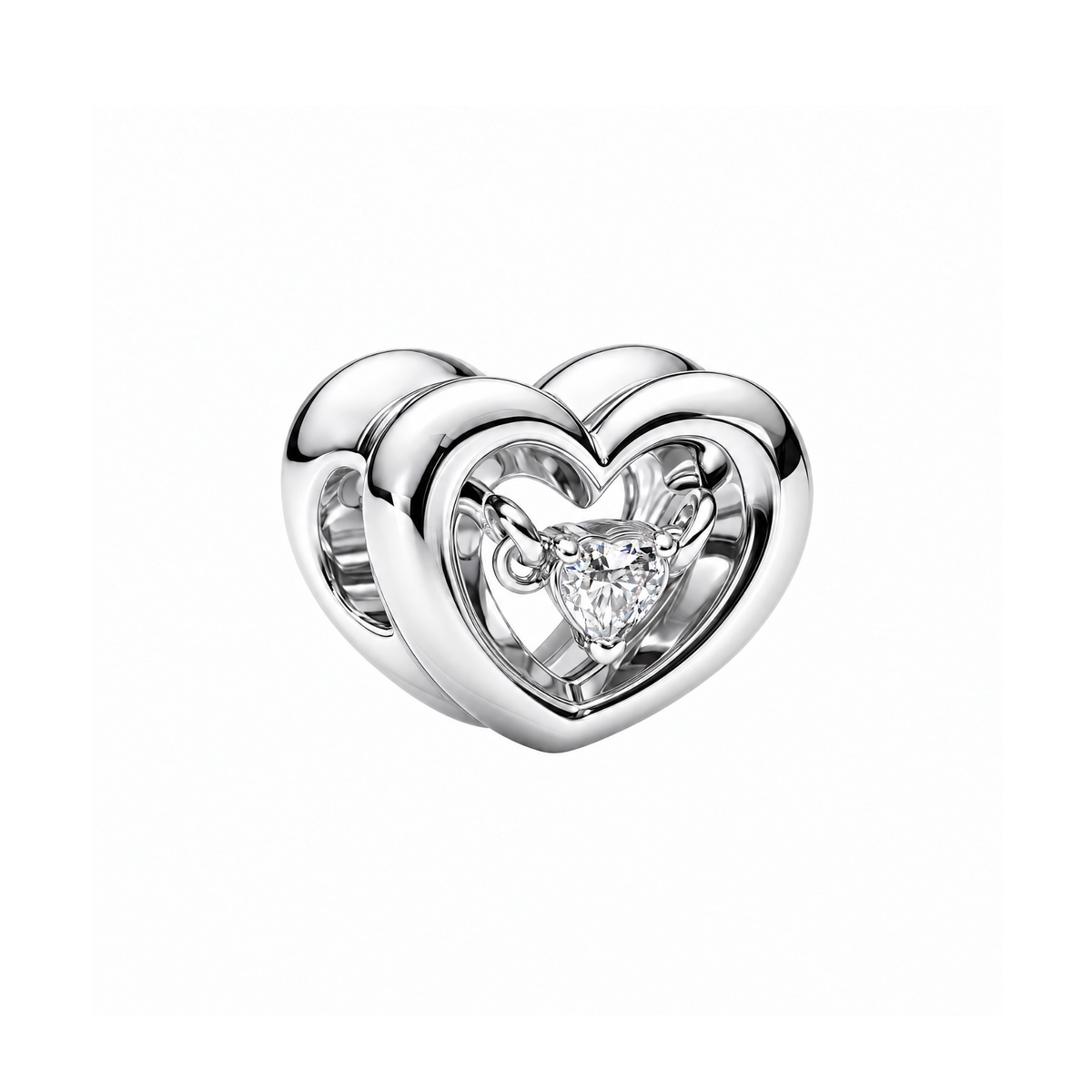 Polished silver Sparkling Floating Heart Charm with a brilliant heart-cut stone floating inside an open heart frame.