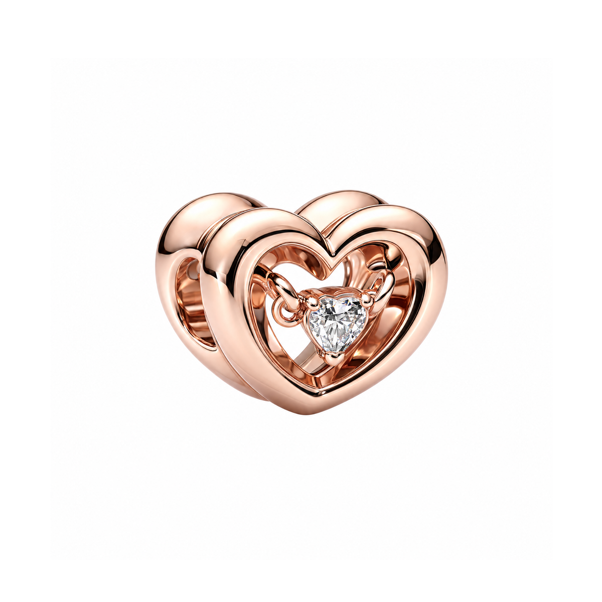 Elegant Rose Gold Floating Heart Charm featuring a sparkling heart-cut stone suspended in an open heart frame.