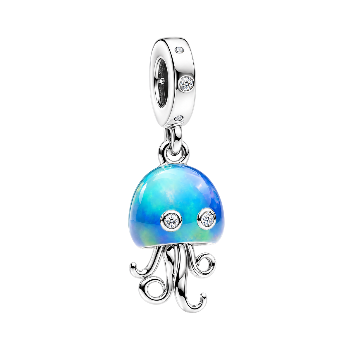 Colour Change Jellyfish Ocean Dangle Charm in sterling silver with a color-shifting blue and green dome.