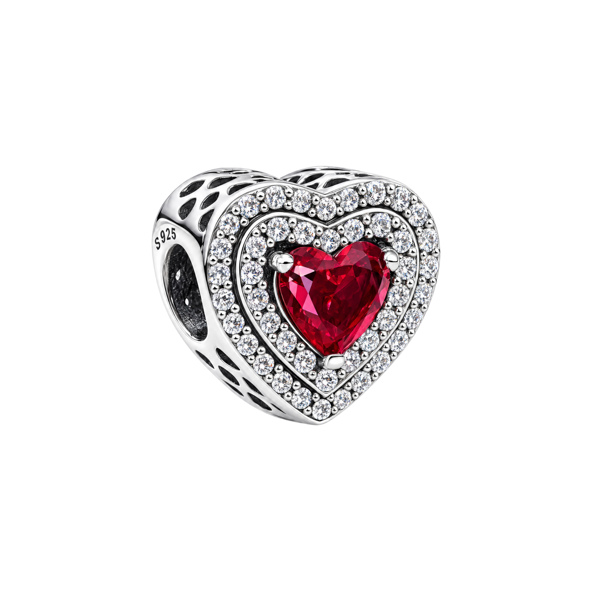 Radiant Red Heart Charm featuring a deep red faceted crystal center with a double border of clear pavé stones.
