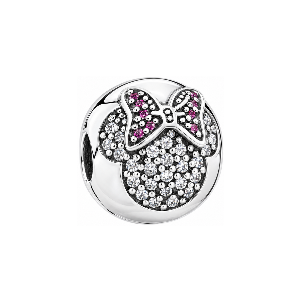 Silver Disney Minnie Mouse Sparkling Bow Clip Charm featuring clear pave crystals and a pink sparkling bow.