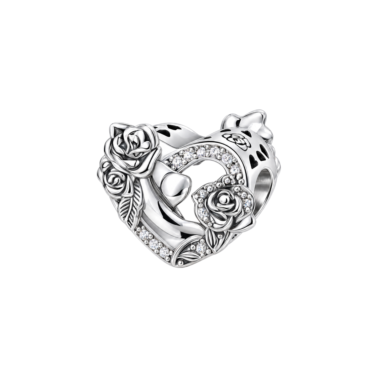 Silver Sparkling Rose Garden Heart Charm featuring detailed openwork roses and pavé crystals.