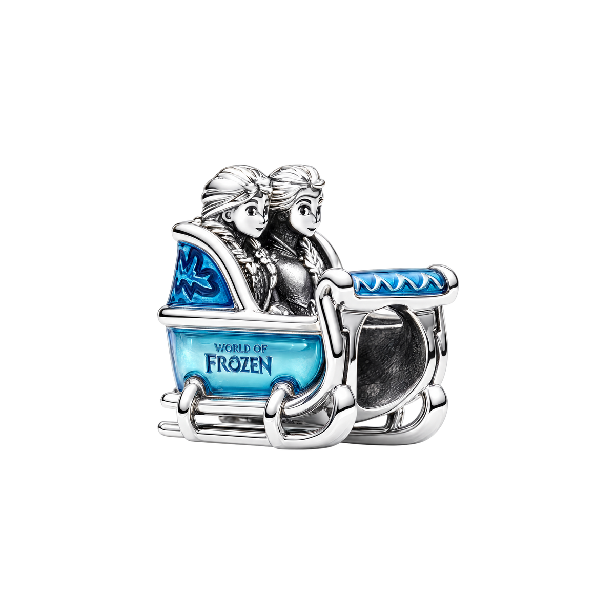 Silver Disney Frozen Elsa and Anna Sleigh Charm with blue enamel detailing.