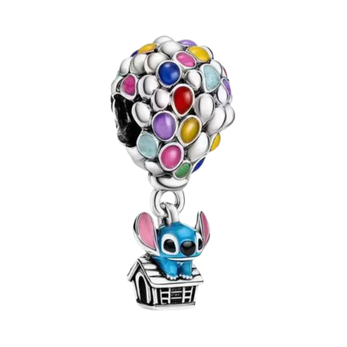 Disney Lilo & Stitch Balloon House Dangle Charm featuring Stitch perched on a silver house with colorful balloons above.