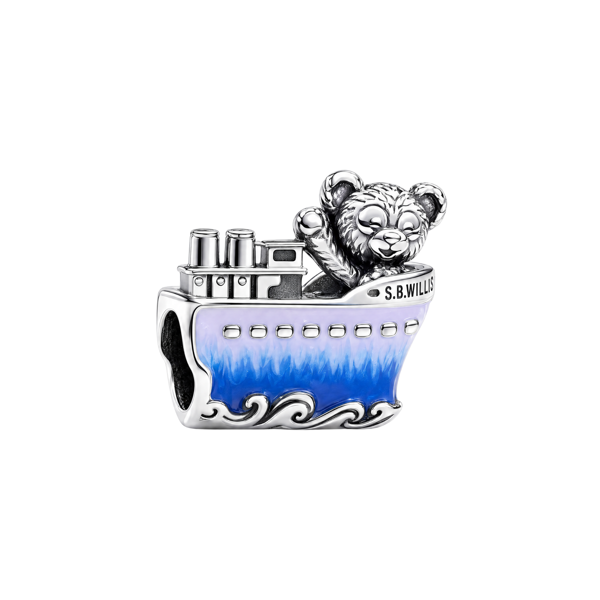 Disney Duffy Bear Steamboat Willie Charm featuring Duffy Bear waving from a silver and blue enamel steamboat.