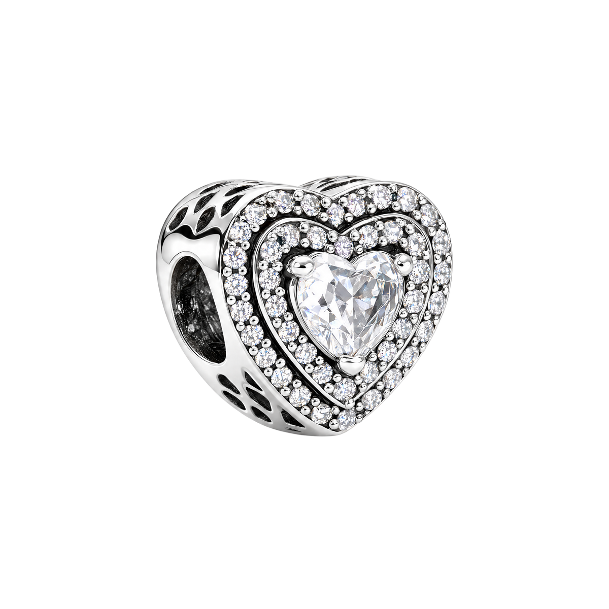 Sparkling Double Halo Heart Charm featuring a crystal center surrounded by two rows of pavé stones on a white background.