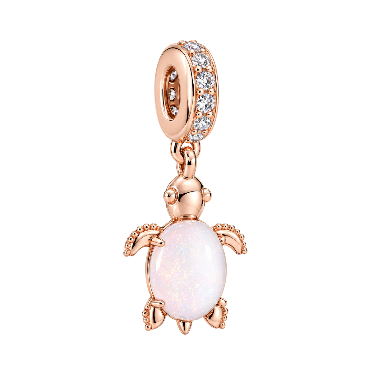 Rose Gold Opal Sea Turtle Dangle Charm featuring a shimmering pinkish-white opal shell and sparkling crystal-studded bail.