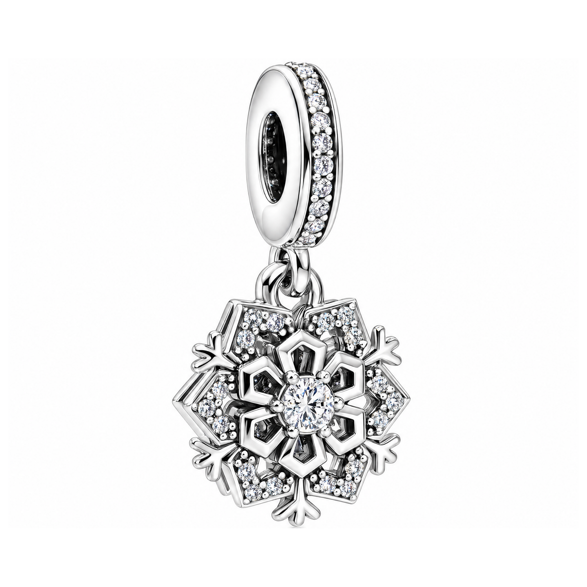 Sparkling Winter Snowflake Dangle Charm in sterling silver with clear pavé stones and a central brilliant gem.