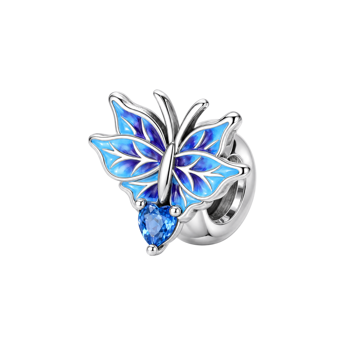 Blue Butterfly Heart Crystal Spacer Charm in sterling silver with blue and purple enamel wings.