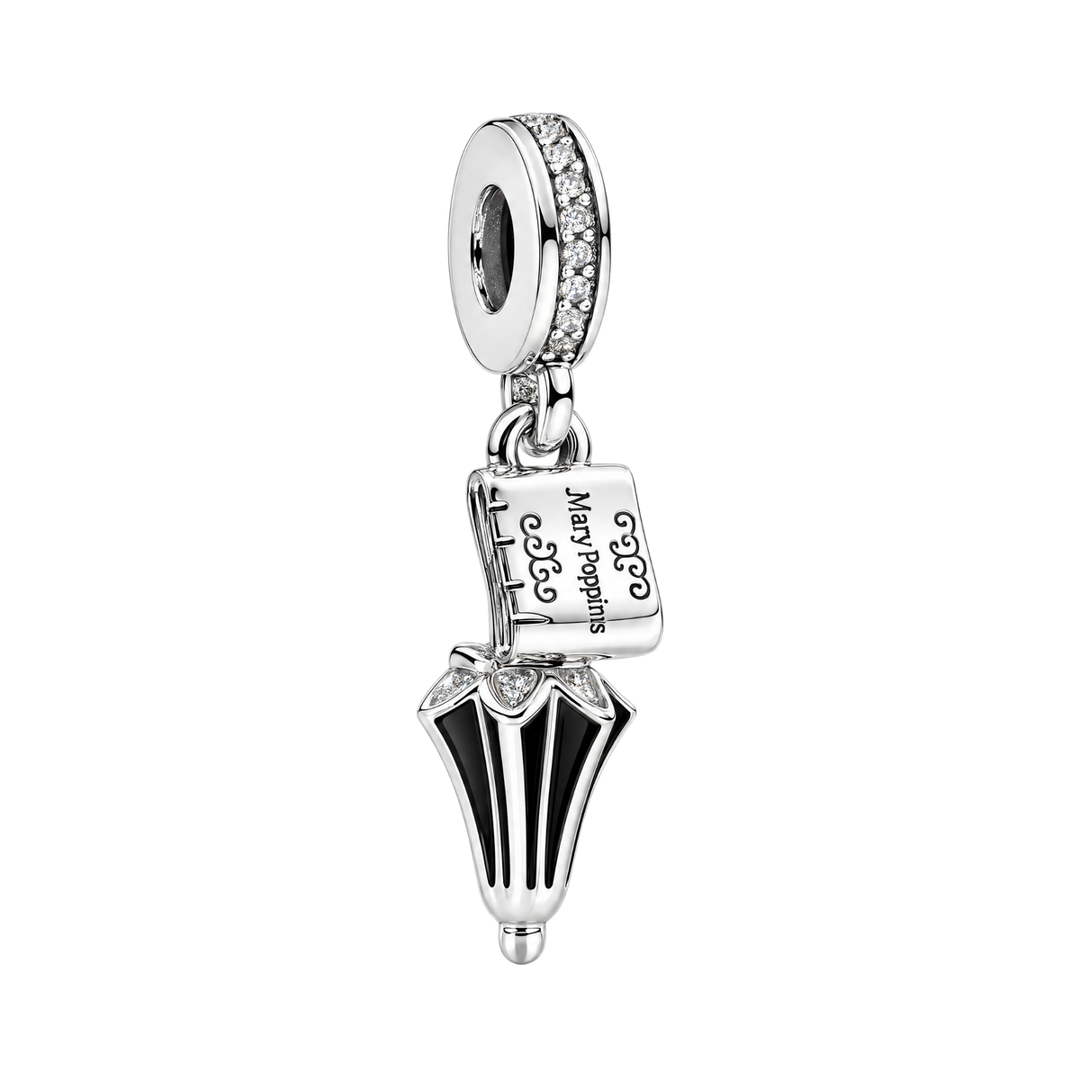 Sterling silver Disney Mary Poppins Umbrella Dangle Charm with black enamel detailing and an engraved book pendant.