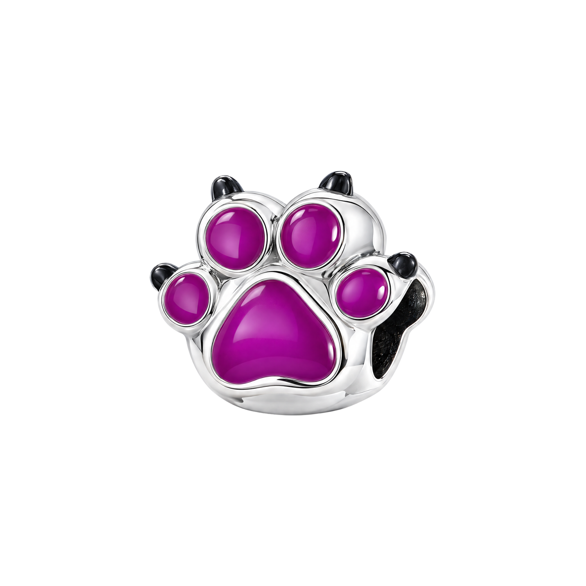 Silver Colour Change Pet Paw Print Charm with bright purple enamel pads and black claws.