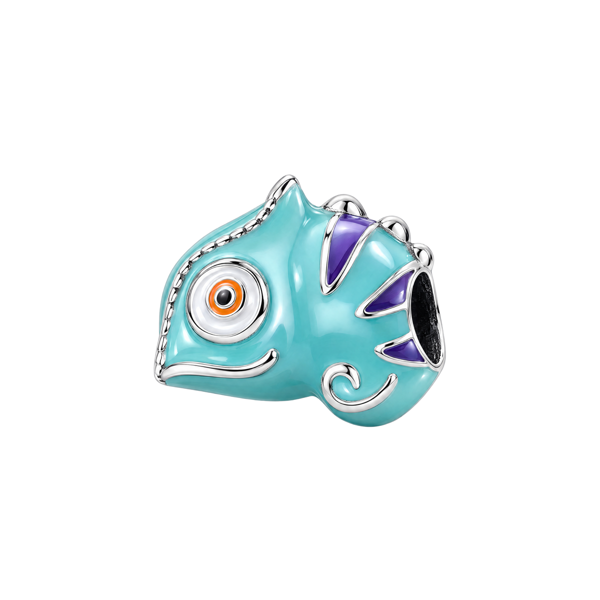 Colour Change Chameleon Charm with aqua enamel, purple fins, and an orange eye.
