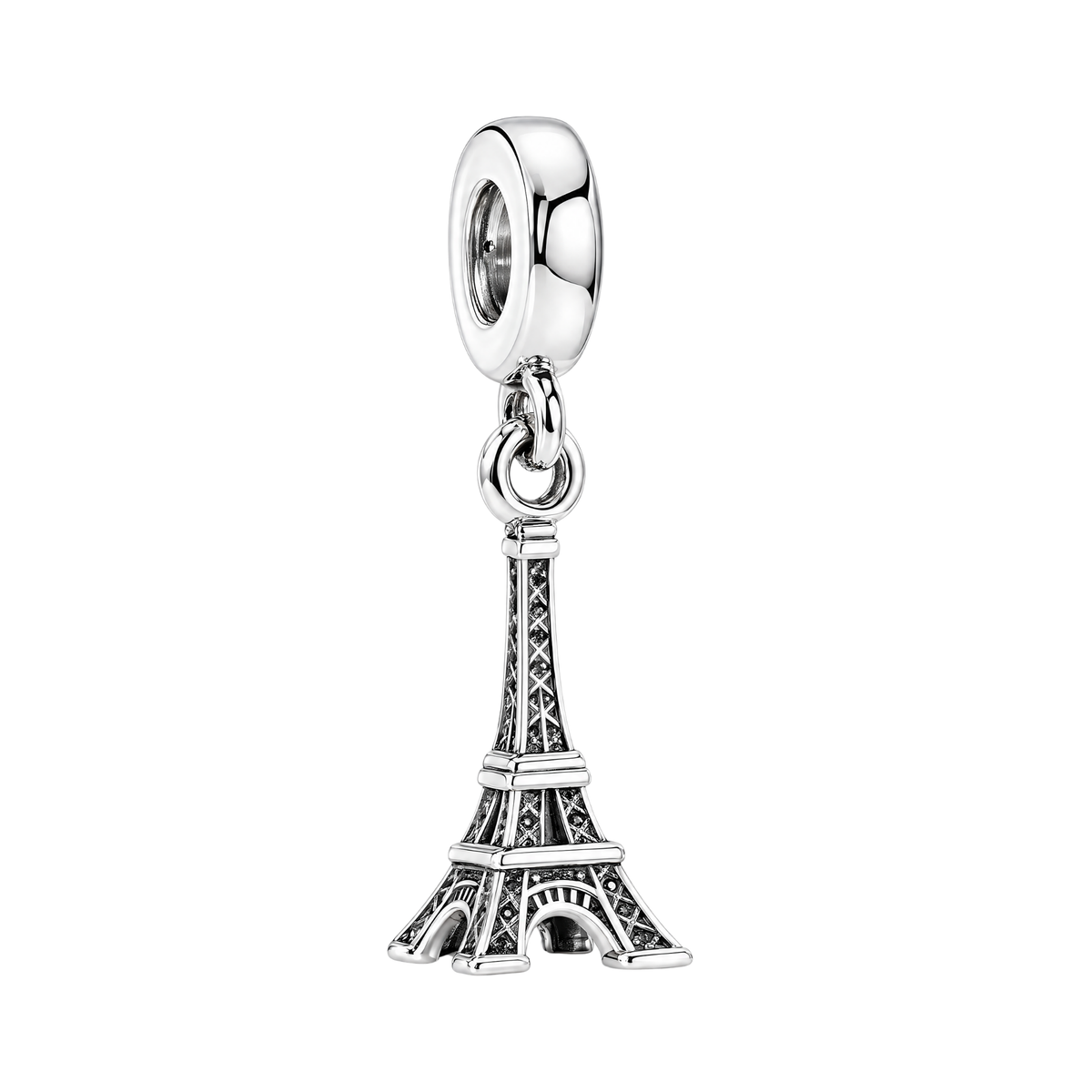 Paris Eiffel Tower Silver Dangle Charm with detailed oxidised lattice ironwork on a white background.