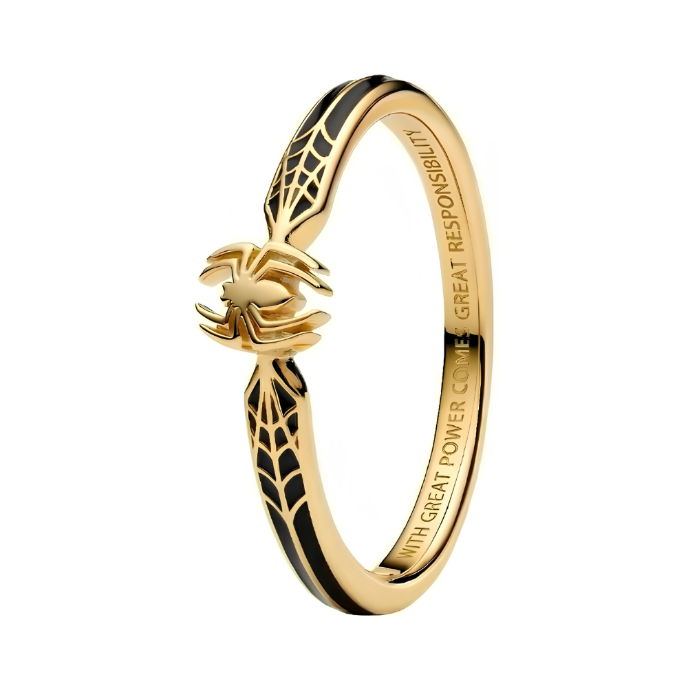Marvel Spider-Man Ring featuring a gold band with a raised spider emblem and engraved quote about power and responsibility.