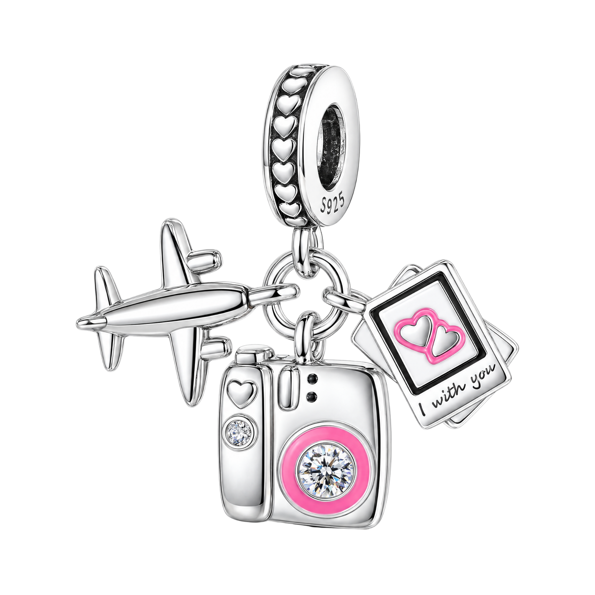 Sparkling I With You Travel Camera Dangle Charm with silver airplane, pink crystal camera, and I with you photo dangle.