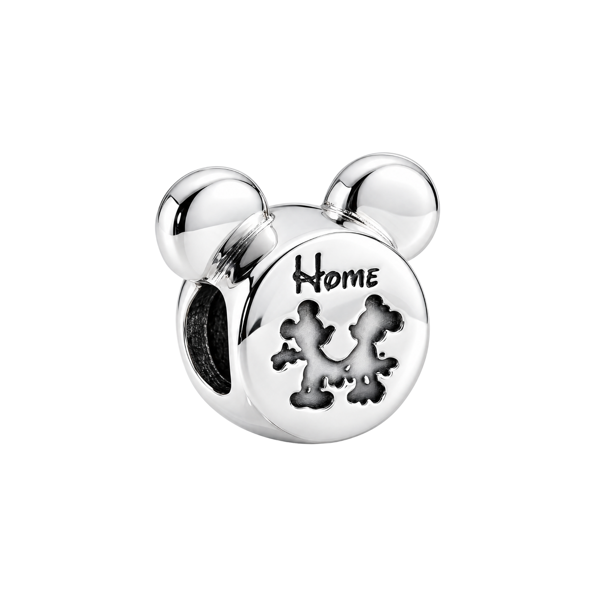 Silver Disney Mickey Where Dreams Come Home Charm with Home engraving and Mickey and Minnie silhouette.