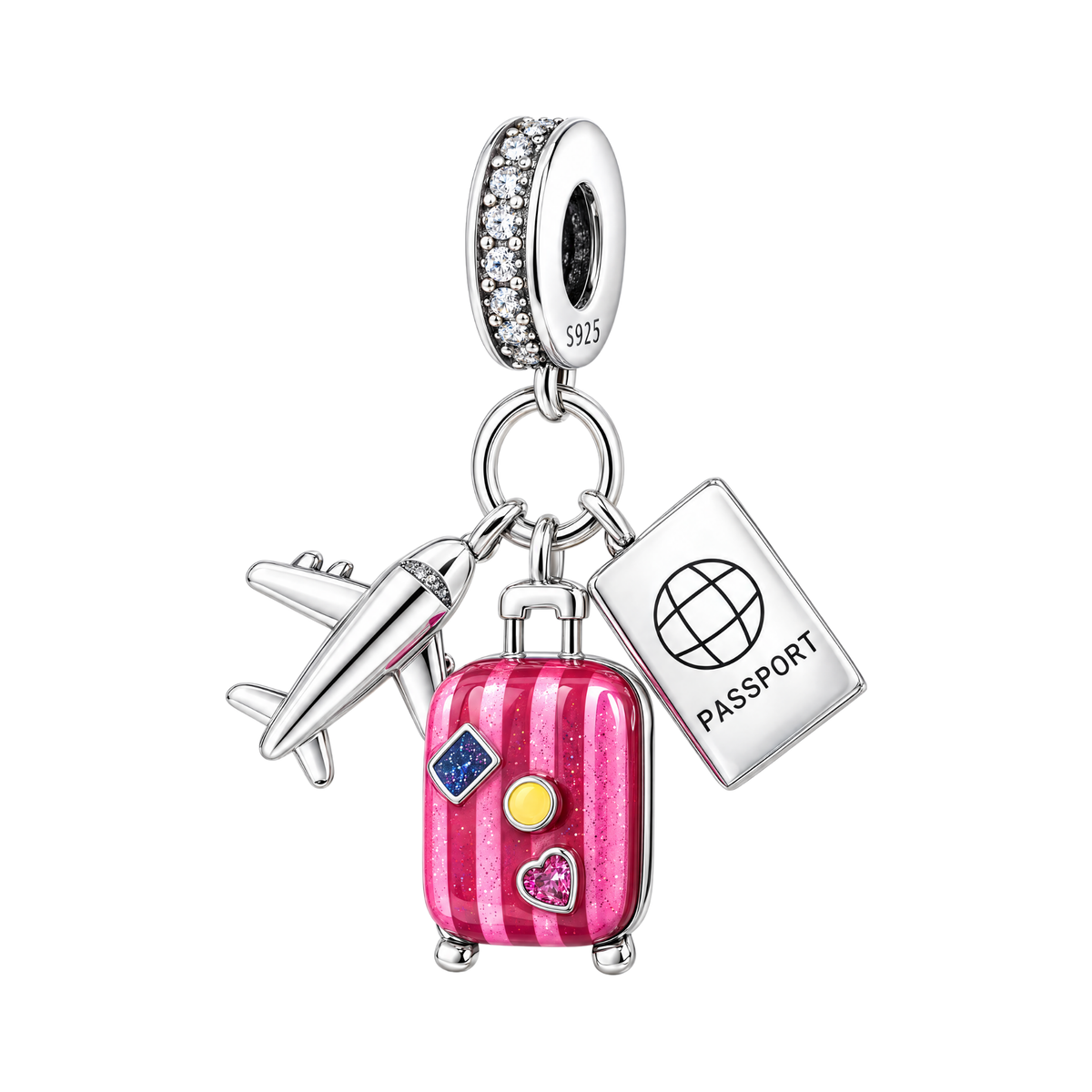 Wanderlust Pink Travel Triple Dangle Charm with silver airplane, pink suitcase, and passport pendants.