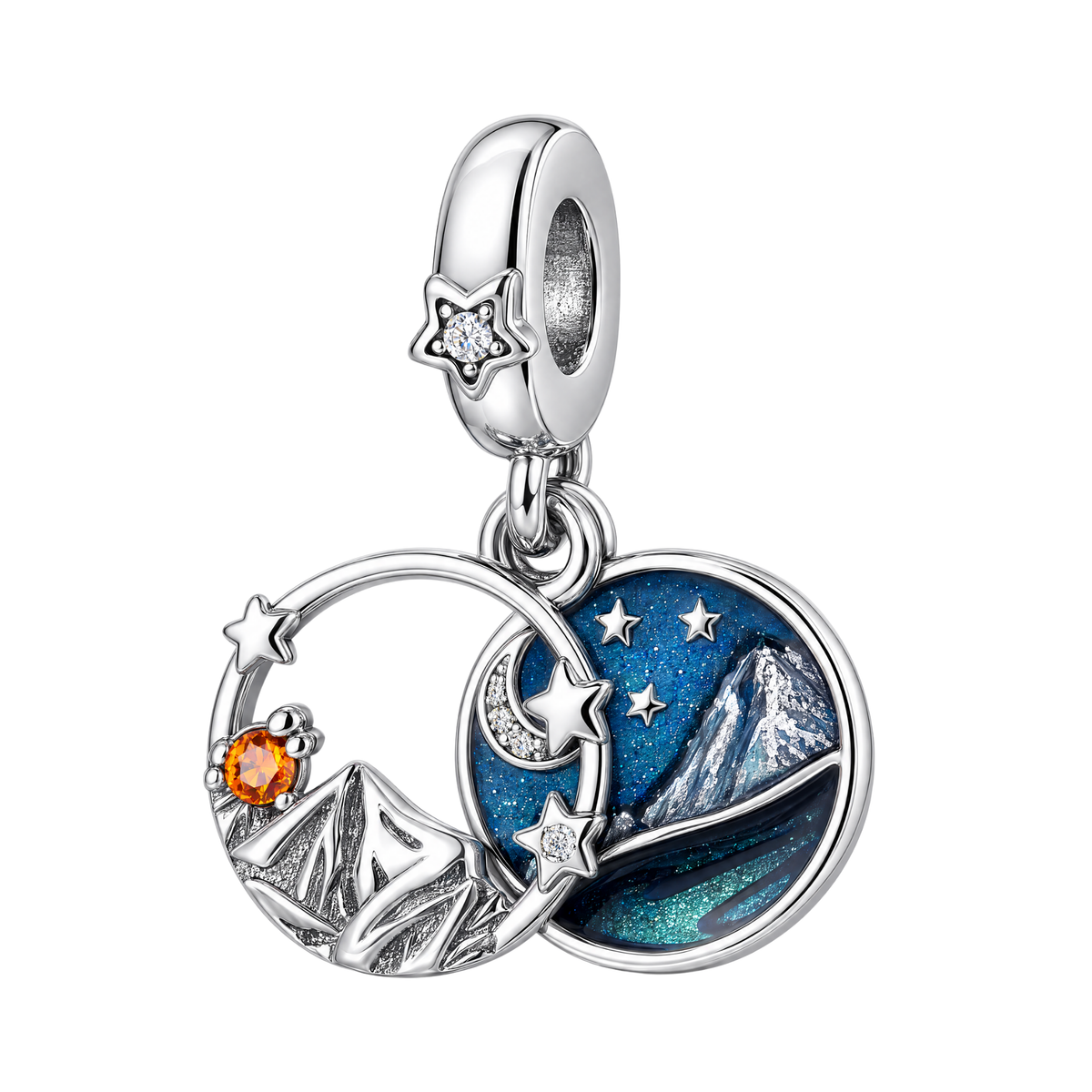 Camping Aurora Night Sky Dangle Charm in sterling silver with an enamel starry night sky, mountains, and orange stone.