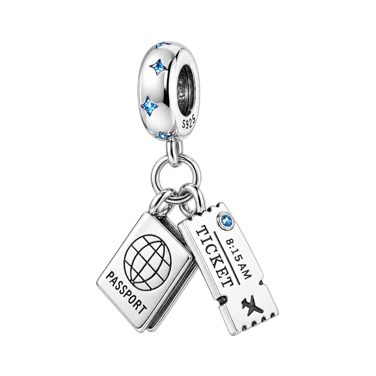 Silver Passport and Boarding Ticket Travel Dangle Charm with globe motif, ticket engraving, and blue star bail for travel bracelets.