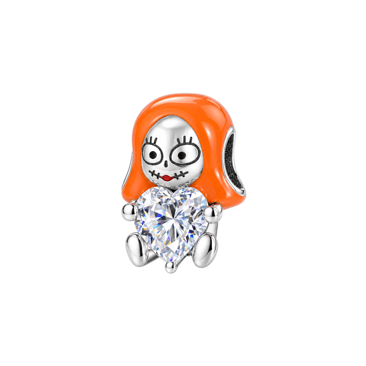 Disney The Nightmare Before Christmas Sally Heart Charm with orange hair and a sparkling crystal heart.
