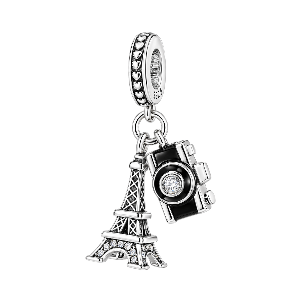 Paris Eiffel Tower and Camera Dangle Charm with sparkling pavé stones and a black enamel camera.