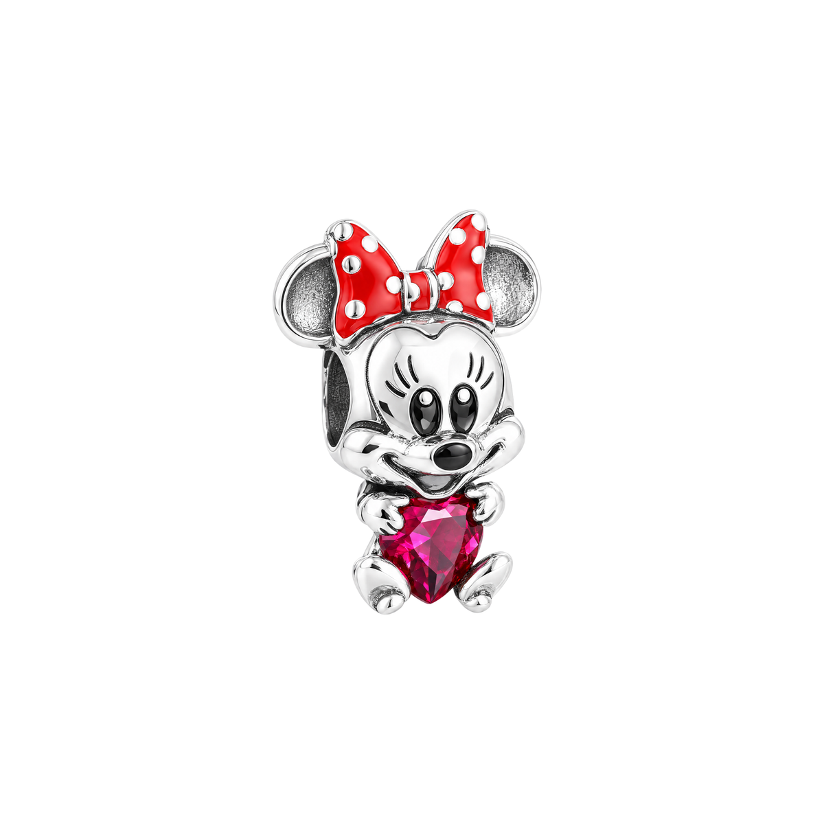 Disney Minnie Mouse Red Heart Charm in sterling silver featuring Minnie holding a sparkling red heart-shaped crystal.
