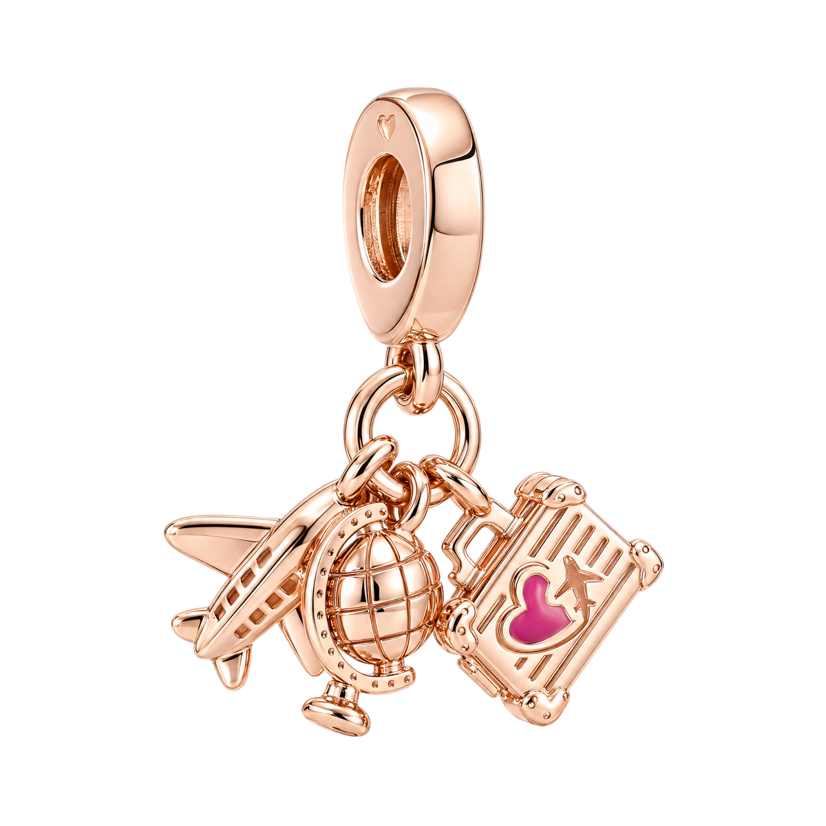 Rose Gold Wanderlust Travel Dangle Charm with miniature suitcase, airplane, and globe charms for bracelets.