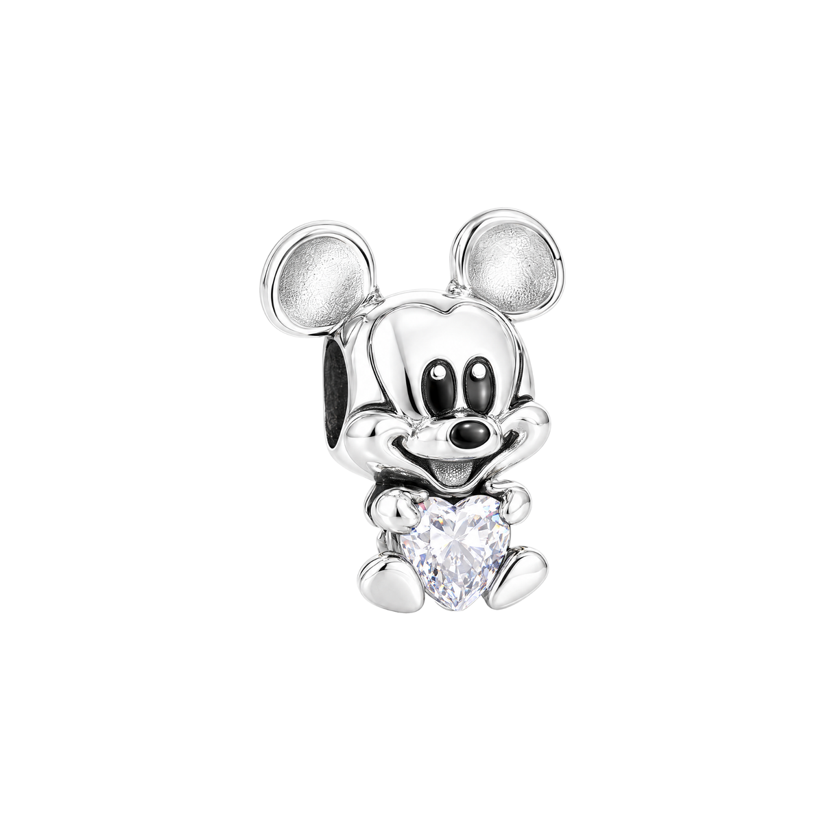 Silver Disney Mickey Mouse Heart Gem Charm holding a sparkling heart-shaped crystal gem.