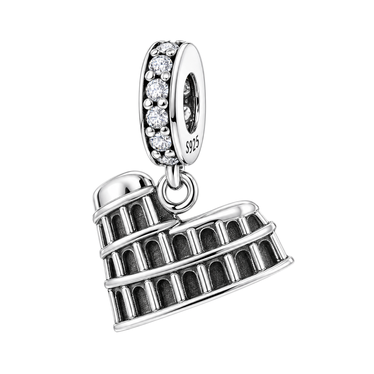 Rome Colosseum Sparkling Dangle Charm in sterling silver with a detailed three-tiered design and sparkling pavé bail.