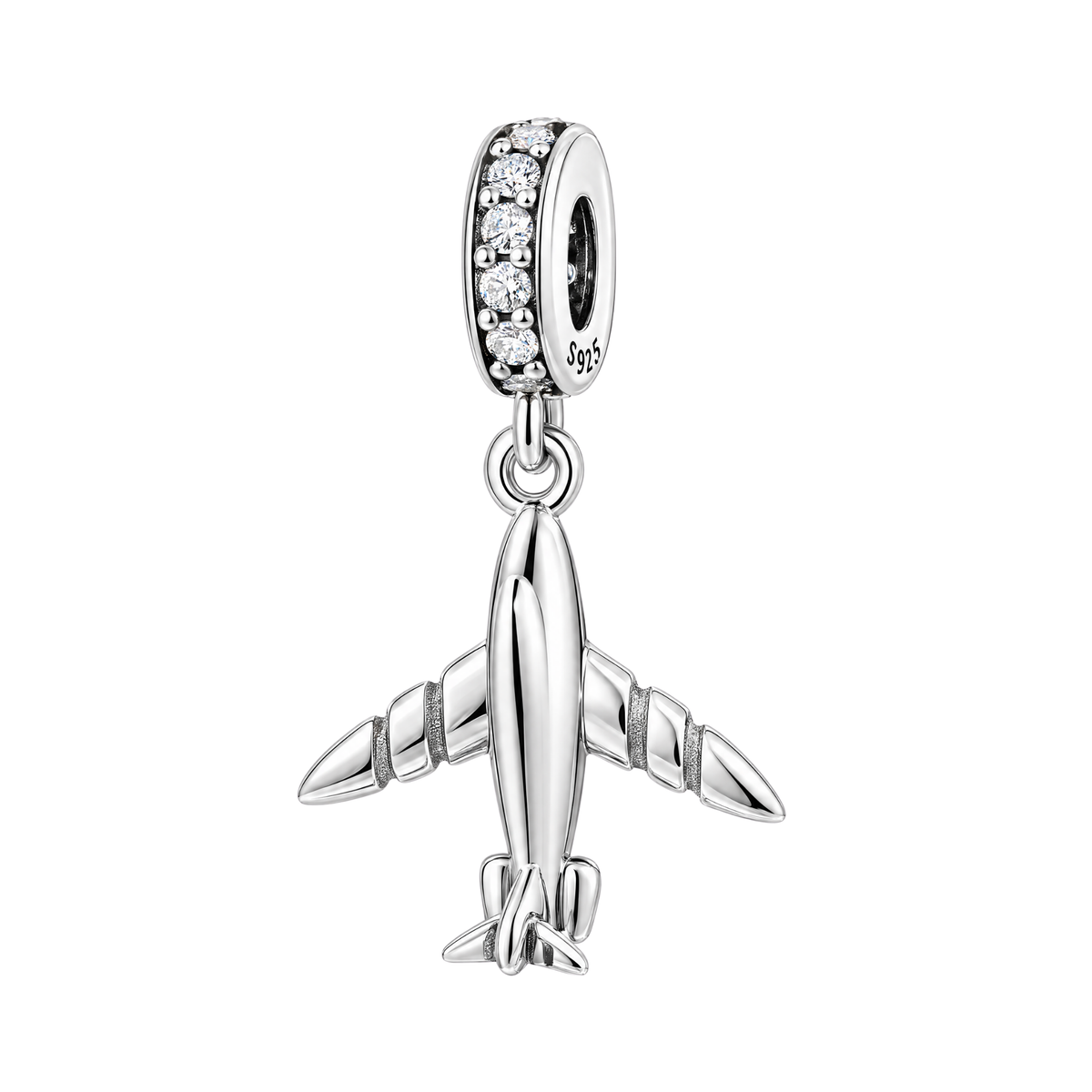 Silver Aeroplane Dangle Charm featuring a polished sterling silver airplane hanging from a sparkling stone-set bale