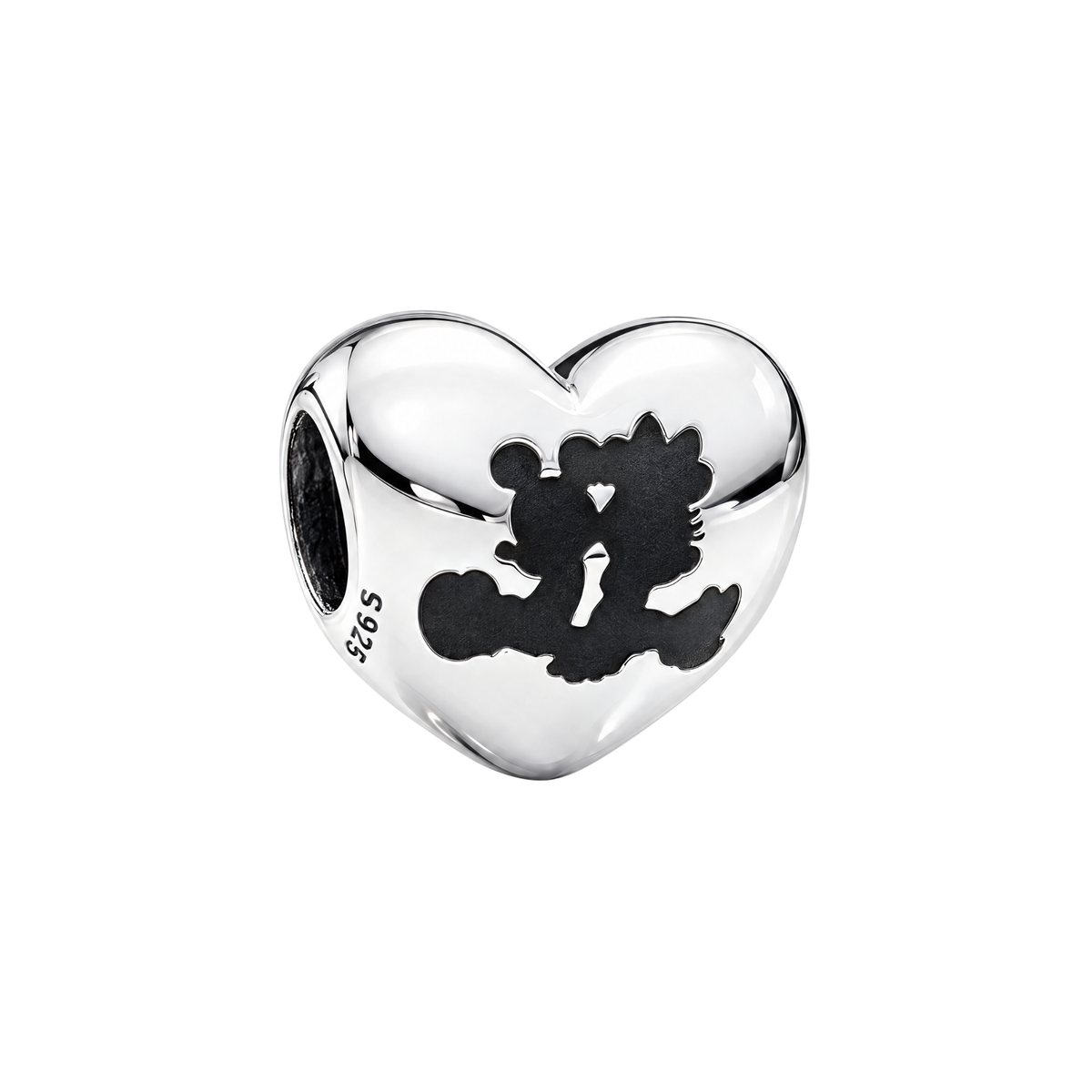 Sterling silver Disney Mickey & Minnie Love Heart Charm with a black silhouette cutout of Mickey and Minnie kissing.