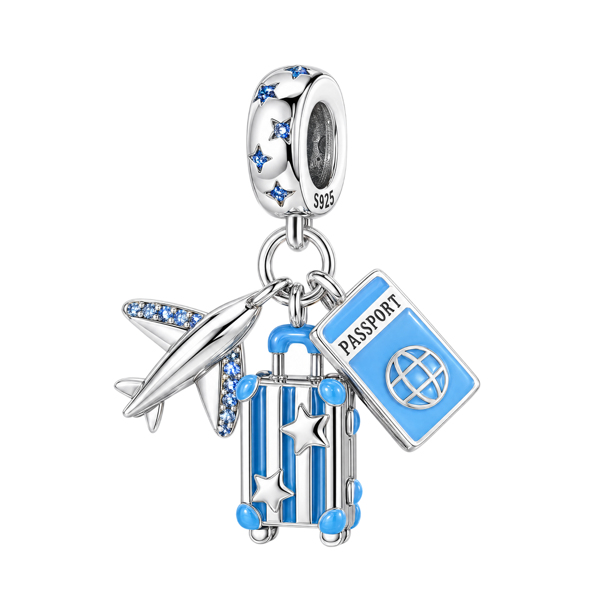 Silver & Blue Travel Adventure Dangle Charm featuring a sterling silver aeroplane, striped suitcase, and blue passport.
