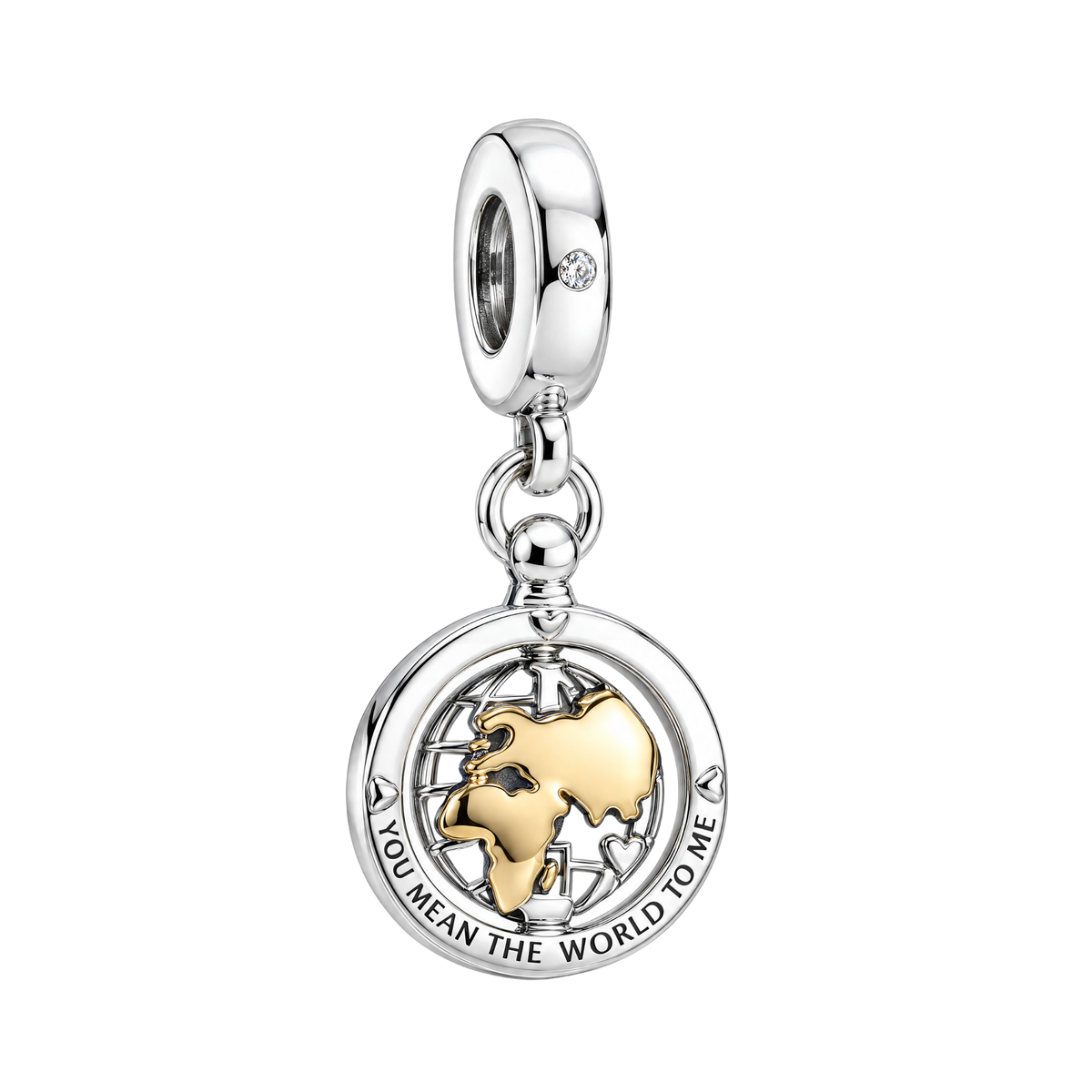 You Mean the World to Me Spinning Globe Dangle Charm in sterling silver with gold globe detail.