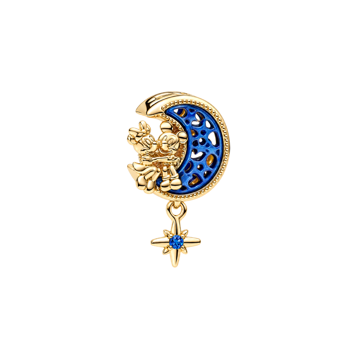Disney Mickey & Minnie Moonlit Magic Charm in gold with blue openwork details and a dangling star.