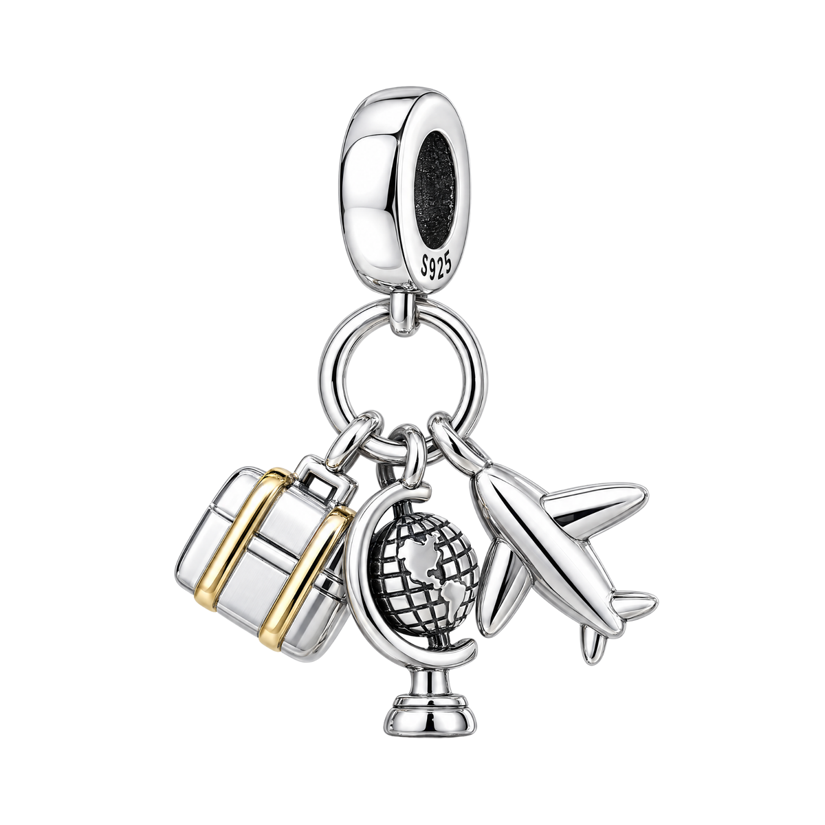 Silver Wanderlust Travel Dangle Charm with a miniature suitcase, globe, and silver airplane on a ring.
