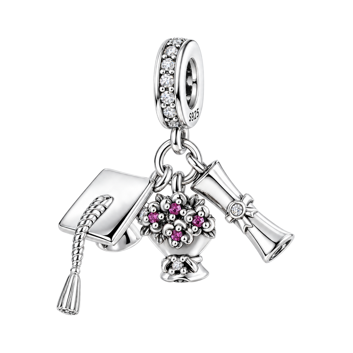 Sterling silver Graduation Cap Diploma Flowers Dangle Charm with a pink flower bouquet, graduation cap, and diploma details.
