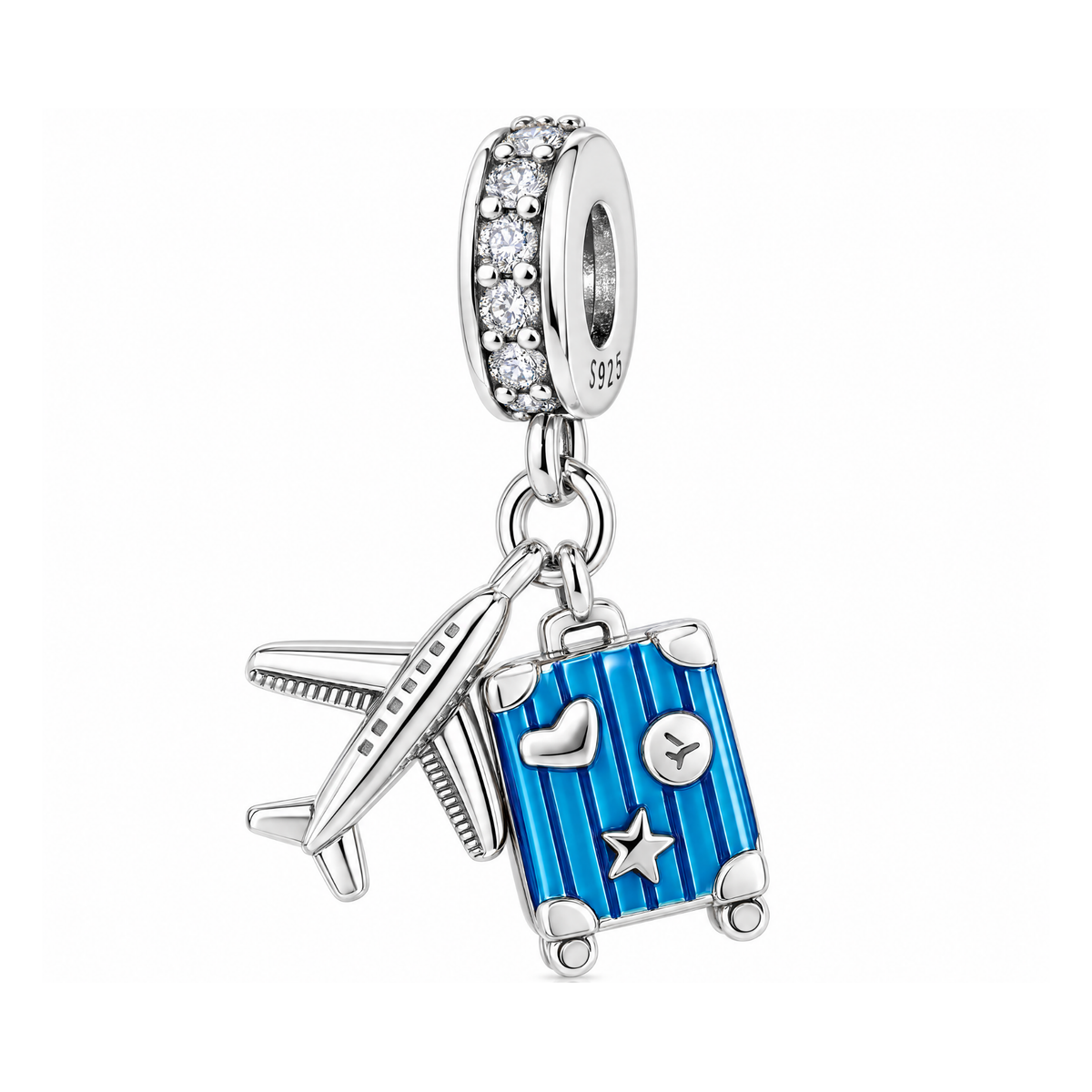 Sparkling Plane & Suitcase Travel Dangle Charm with silver airplane and blue suitcase.
