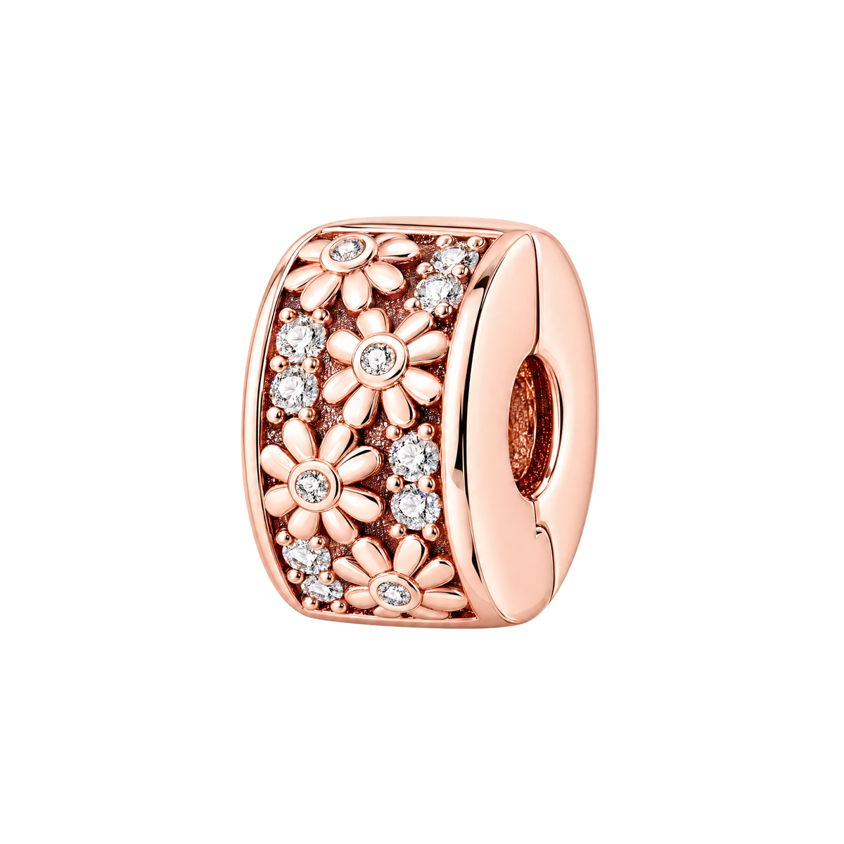 Rose Gold Sparkling Daisy Flower Clip Charm with delicate daisy flowers and sparkling crystals.